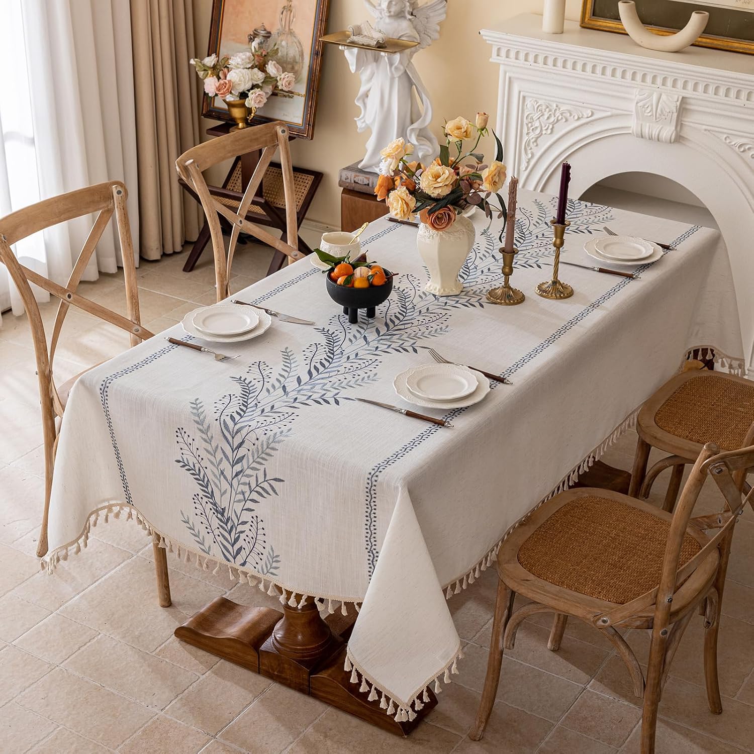 Joyfol Day Rustic Waterproof Linen Tablecloth, Heavy Weight Fern Embroidery Table Cloths for Rectangle Tables, Farmhouse Spill-Proof Table Covers with Tassels, Blue 55x 70'