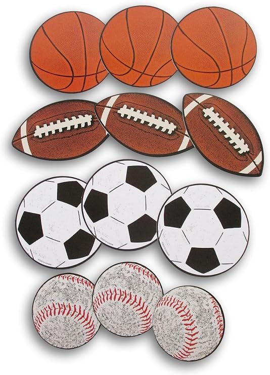 Sports Balls Paper Cutout Shapes - 36 Pieces - Football, Baseball, Soccer Ball, and Basketball