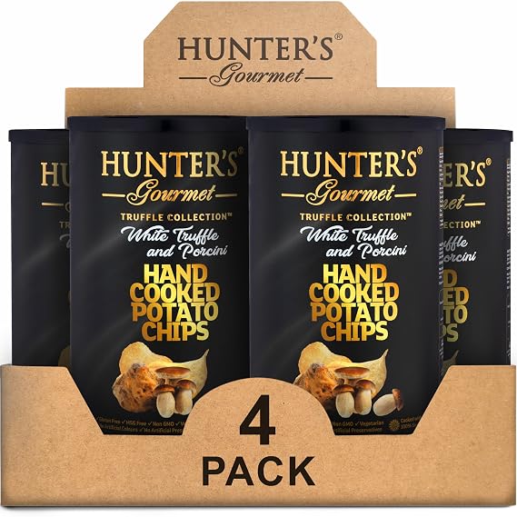 Hunters Gourmet Premium Truffle Chips | No Artificial Colors or Preservatives | Hand-Cooked | Made with 100% Sunflower Oil | White Truffle & Porcini | Gluten-Free Snacks | Pack of 4 | 150g