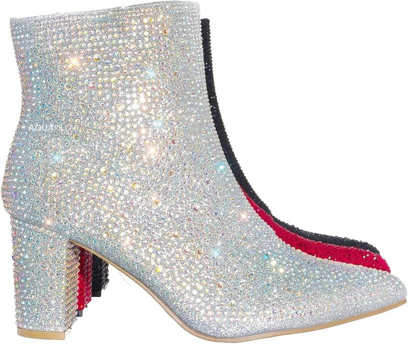 FOREVER Women Rhinestone Block Chunky Heel Ankle Bootie Iceberg 12 By Forever shoes Silver 7