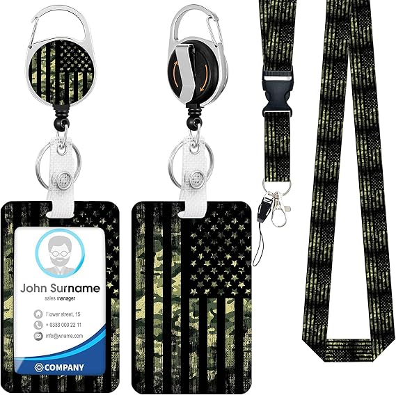 ID Badge Holder with Lanyard, Retractable Badge Reel with Swivel Belt Clip, American Flag Breakaway Lanyard Name Card Tag Vertical ID Protector Badge Clip, Nurse Teacher Office Gifts