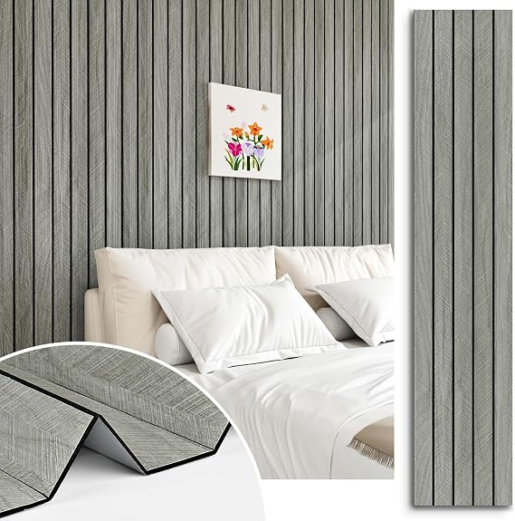 Grey Wood Wall Slat Panels Peel and Stick 3D Fluted Wood Panels