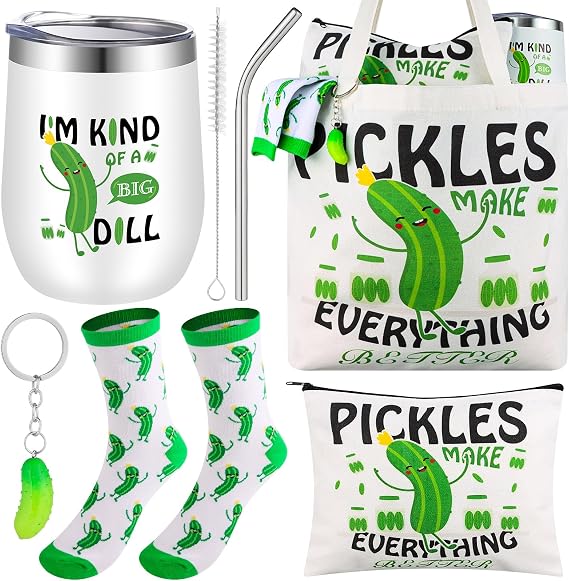 5 Pcs Pickle Gifts Set Pickle Gifts for Pickle Lovers-12 oz Funny Pickle Tumbler with Lid Straw Tote Bag Makeup Bag Pickle Sock Keychain Christmas Gift for Women Girl