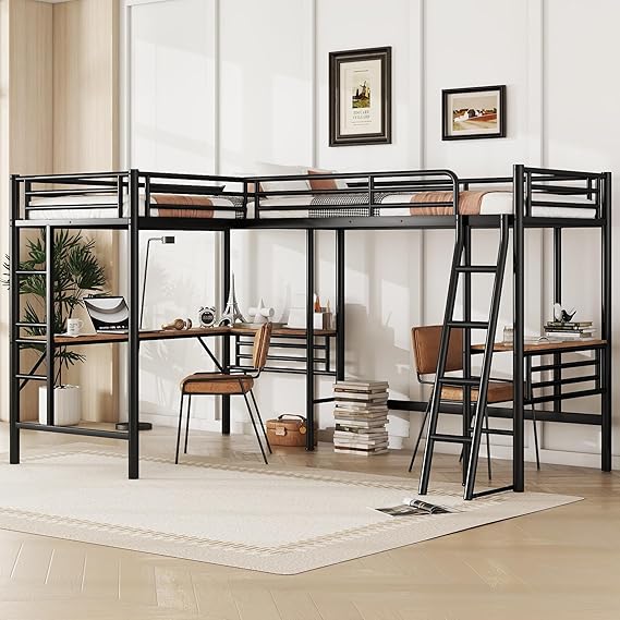 Twin Size L-Shaped Loft Bed with 2 Built-in Desks, Metal Corner Loft Bed Frame with 2 Ladders and Safety Guardrail