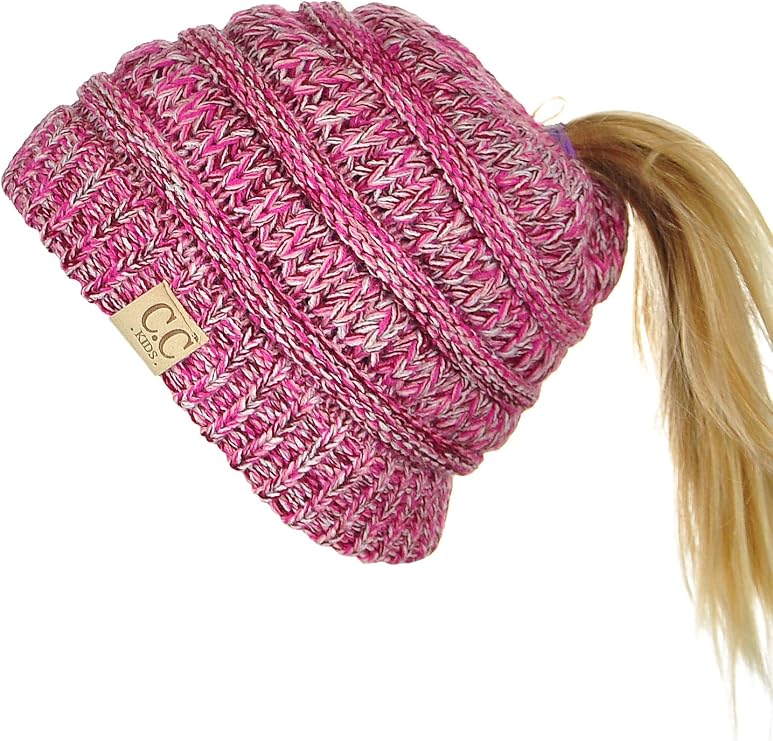 C.C BeanieTail Kids' Children's Soft Cable Knit Messy High Bun Ponytail Beanie Hat