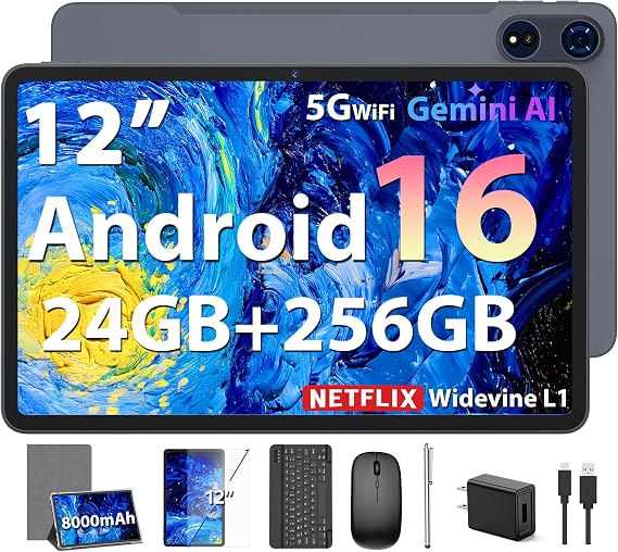 2026 Android 16 Tablet, 12 inch Tablet with Keyboard, 24GB+256GB+2TB Expand | Electronic Tablet PC with 2K Gemini AI, 8000mAh, Octa-Core, GMS, GPS, 2 in 1 Large Tablets with Case, Mouse, Stylus (Silver)