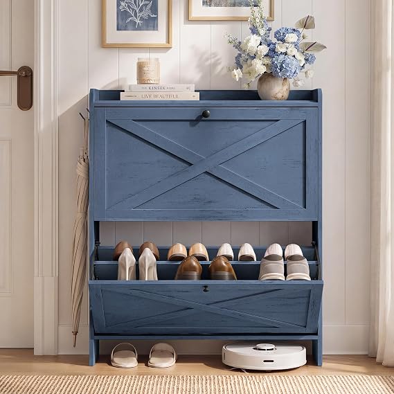 VASAGLE Narrow Shoe Storage Cabinet Organizer with 2 Flip Drawers