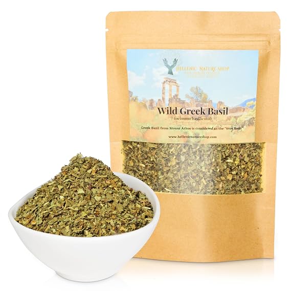WILD GREEK BASIL HERB DRIED PREMIUM QUALITY- from Mount Olympus Handpicked and Air-Dried in DoyPack with ZipLock for Awesome Freshness and Aroma - Mediterranean Seasoning (1.41 Ounce (Pack of 1), Basil)