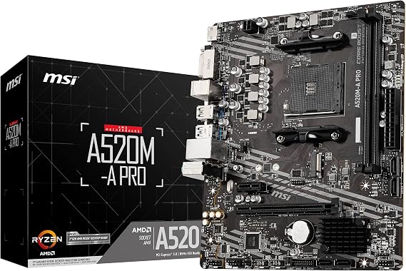 MSI A520M-A PRO Gaming Motherboard (AMD Ryzen 5000, AM4, DDR4, PCIe 3.0, SATA 6Gb/s, M.2, USB 3.2 Gen 1, DVI/HDMI, Micro-ATX)