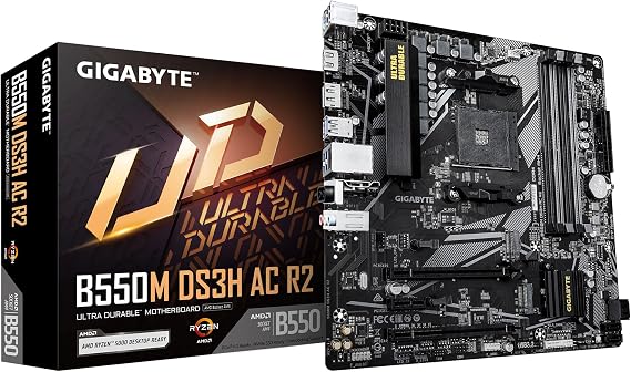 Gigabyte B550M DS3H AC R2 Motherboard - AMD Ryzen 5000 CPUs, 5+3 Phases VRM, up to 4733MHz DDR4 (O.C.), 1xPCIe 4.0 + 1xPCIe 3.0 M.2, Wi-Fi 5, 1GbE LAN, USB 3.2 Gen 1