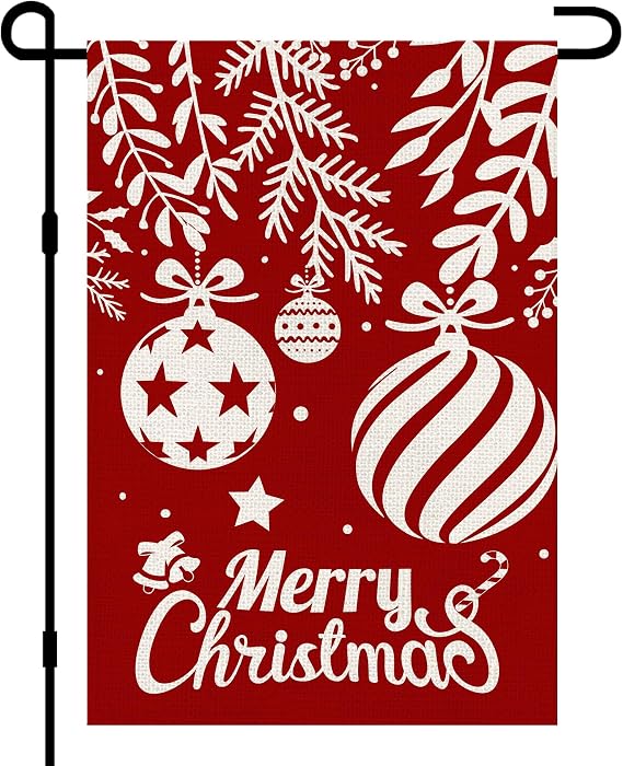Merry Christmas Garden Flags 12x18 Double Sided Burlap, Winter Xmas Red Balls Decorations Seasonal Sign Small Flag for Holiday Party Farmhouse Outdoor Yard Lawn DF594