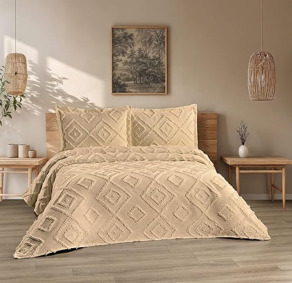 Iskandinav Jasmin Çift Kişilik Yatak Örtüsü 240x250 ve 2 Adet Yastık Kılıfı Bej