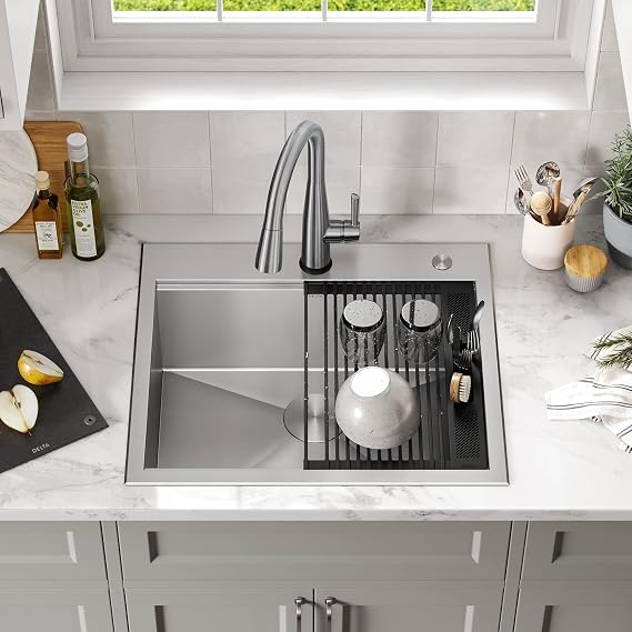 DELTA FAUCET Rivet 25-Inch Workstation Kitchen Sink Drop-In Top Mount 16 Gauge Stainless Steel Single Bowl with WorkFlow Ledge and Chefs Kit of 5 Accessories, 95A931-25S-SS