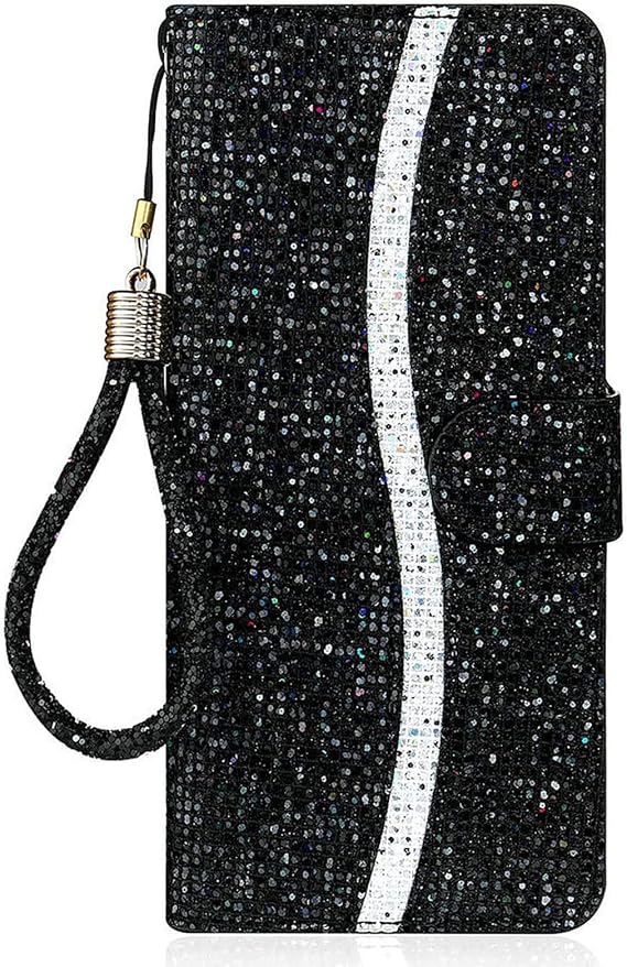 Guppy Bling Wallet Case Compatible with iPhone 15 Pro Max, PU Flip Blocking Wallet with Wrist Strap Magnetic Closure Built-in Kickstand Protective Case - Black