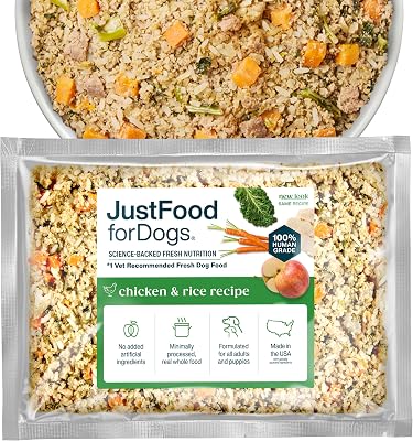 JustFoodForDogs Frozen Fresh Dog Food, Complete Meal or Topper, Chicken & Rice Human Grade Recipe, 18 oz Pack of 7