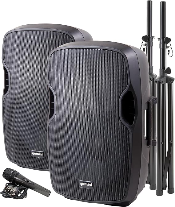 Gemini PA-SYS15 Complete Portable Bluetooth PA Speakers System Package, Dual Active and Passive 2000W Speakers, Stands and Microphone,Black