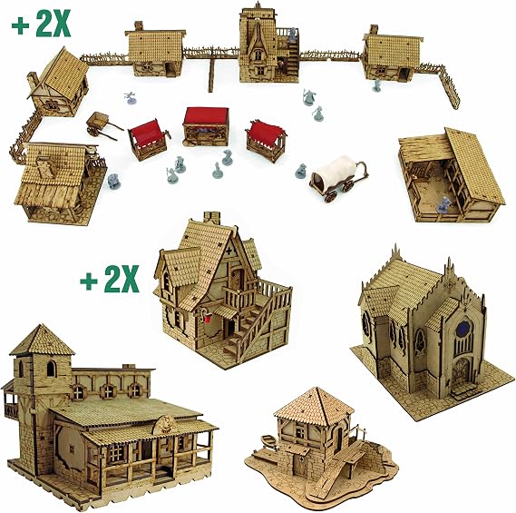 Huge Town Fantasy Terrain Bundle for DND, TTRPGs and Wargames | Laser Cut Modular Miniature Terrain for D&D, Pathfinder, Frostgrave | 28mm Scale Wargaming Terrain for Warcry, Ancient, Medieval Setting