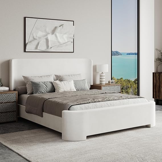 BarnFurin Queen Size Bed Frame with Wingback Headboard, White
