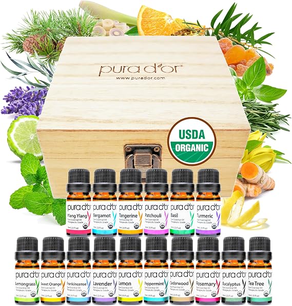 PURA D'OR Organic Sweet16 Essential Oils Aromatherapy Box Set, 10mL x16