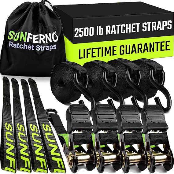 Heavy Duty Ratchet Straps Tie Down 2500 Lb, Soft Loops Motorcycle 4 Pack | 15 Ft Polyester Straps, Steel Ratchet Buckle, S hooks, Carry Bag Included, Flatbed, Trailer and ATV Cargo, Movers and DIY