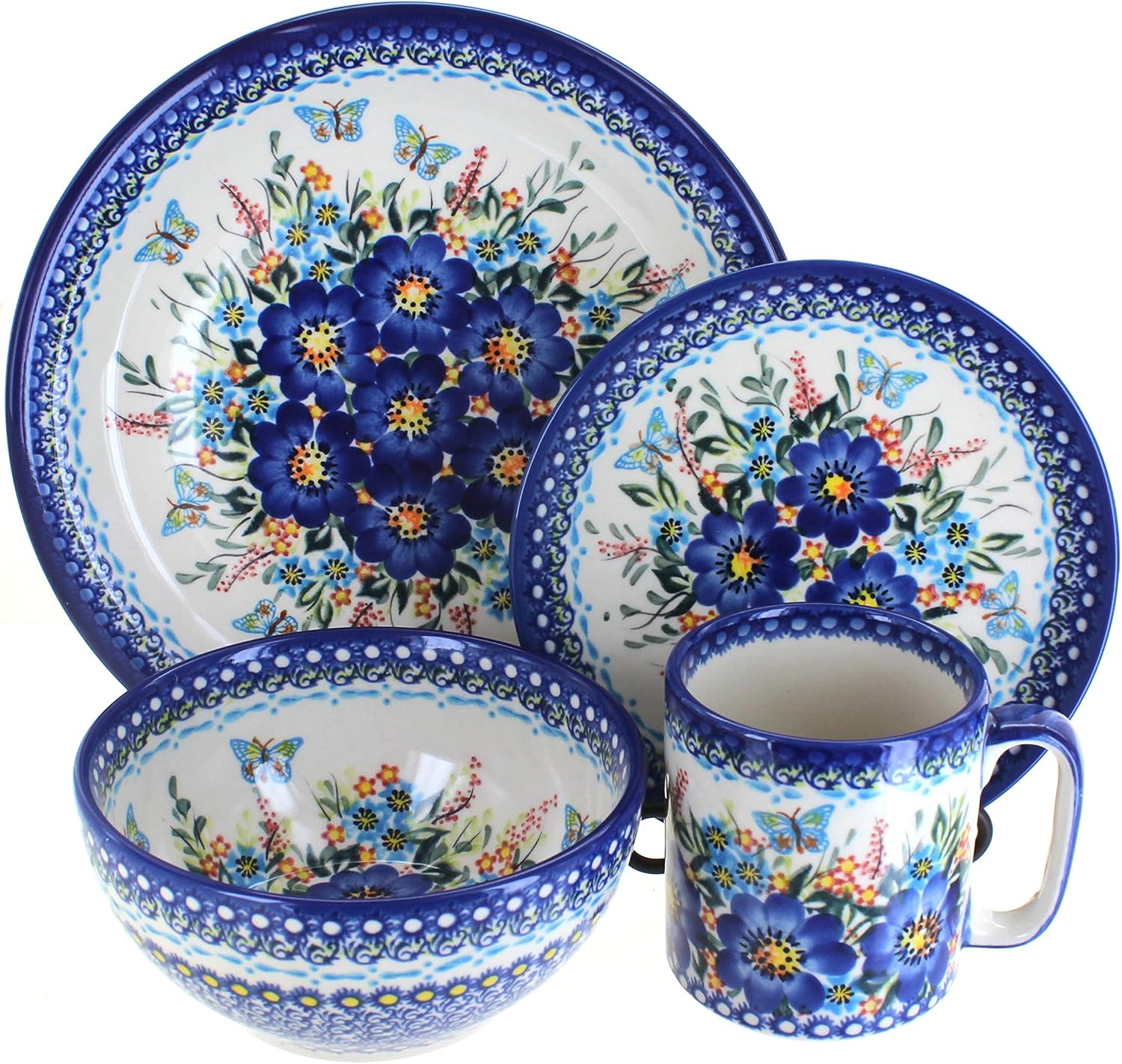 Blue Rose Polish Pottery Garden of Blue 16PC Dinnerware Set