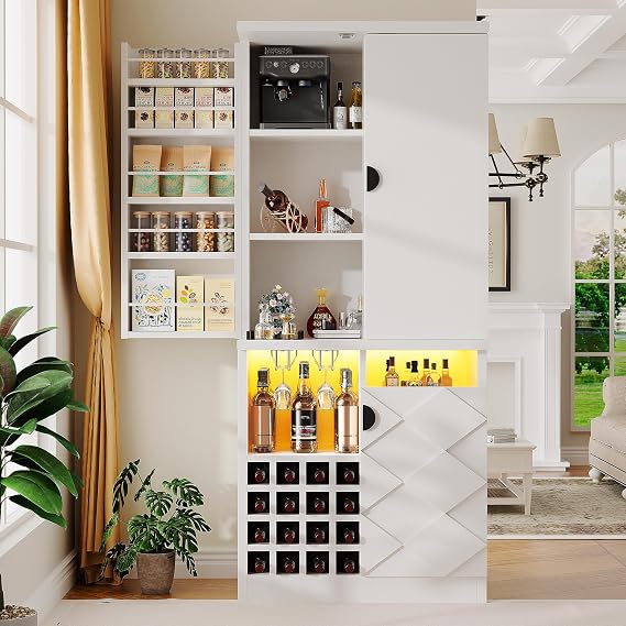 kepptory 72" Tall Kitchen Pantry Storage Cabinet, Freestanding Bar Cabinet with RGB LED Light, White Kitchen Buffet Sideboard with Doors for Dining Room Living Room
