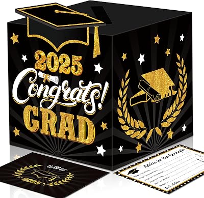 Graduation Wish Cards with Black and Gold Card Holder Box - 36PCS Class Of 2025 Advice Cards and 2025 Congrats Grad Card Box for Graduation Party Supplies Decoration