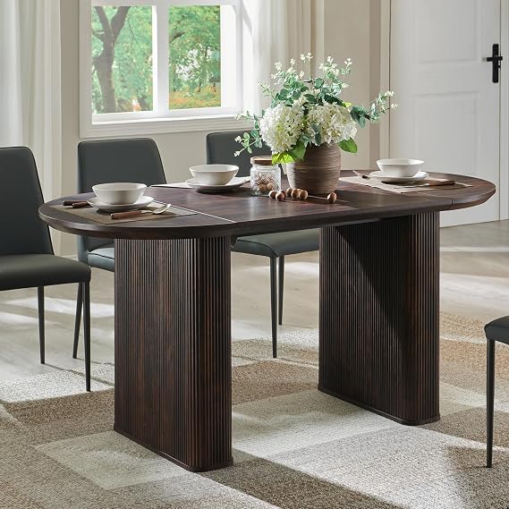 OKD Mid-Century Modern 63" Fluted Oval Dining Table Seats 4-6, Walnut | Dining Room Table, Kitchen Table with Thickened Edge & Strip Base for Dining Room/Kitchen