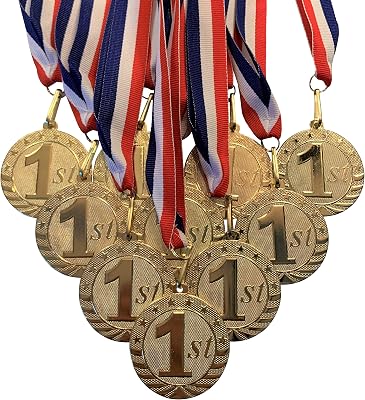 Metal 1st First Place Medals and Red White and Blue Neck Ribbons. Pack of 10