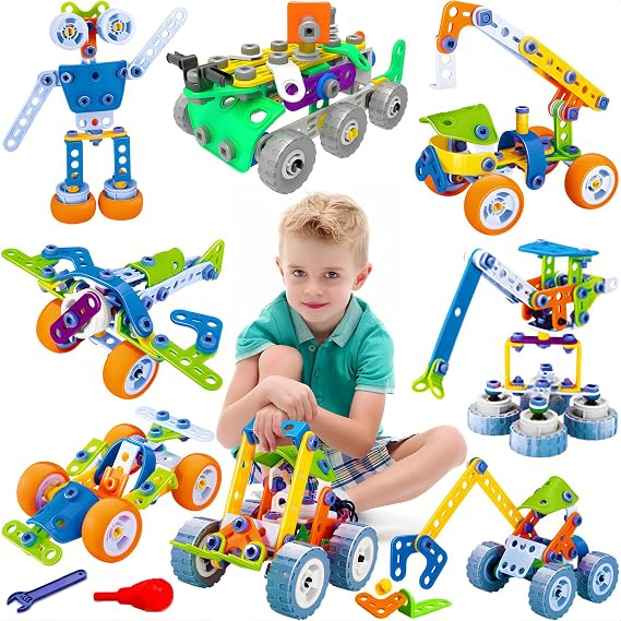 11 in 1 STEM Building Toys, 175 Pieces Construction Kit for Kids Ages 4-8 | 11 Creative Models with Guide Booklet, Encourages STEM Learning & Teamwork, Ideal Gift for Boys Girls, Storage Box Included