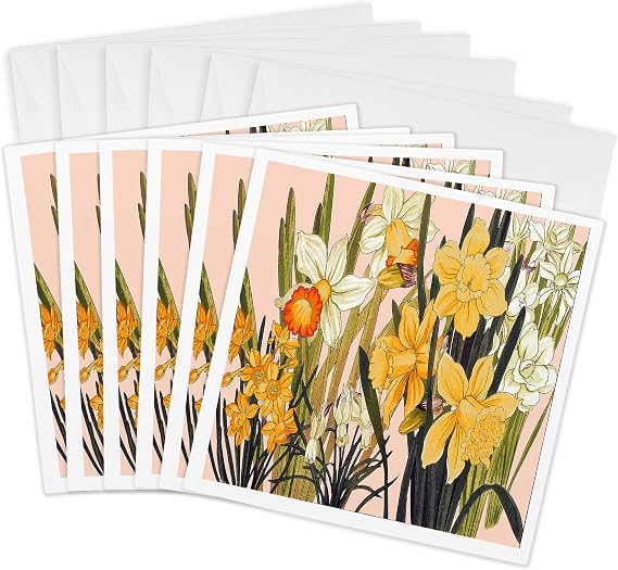 3dRose Greeting Cards - Daddodil, Pretty Spring Flowers in Colors of Yellow and White - 6 Pack - BLN Japanese Woodblock Flowers by Tanigami Konan