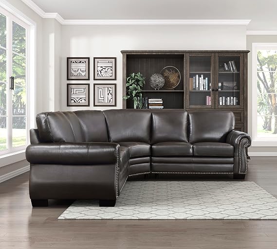 Lexicon Leather Couch, Leather Sectional Couches for Living Room, L Shape Couch with Rolled Arms and Nailhead Trim, L Shape Sectional Couch for Living Room and Office, Dark Brown