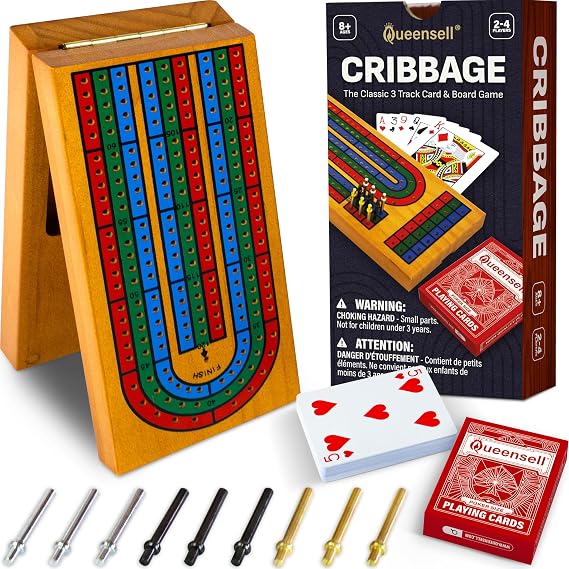 Cribbage Board Game Set with Storage - Classic Game Travel Cribbage Board with Wooden Card Storage for Adults & Kids - Ideal for Game Night