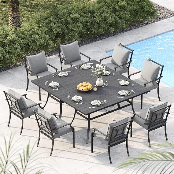 Grand patio 10-Piece Patio Dining Set for 8, 8 E-Coated Outdoor Dining Set Fixed Patio Dining Chairs with Olefin Cushions & 2 Rectangular Faux Woodgrain Table with 1.5Market Umbrella Hole