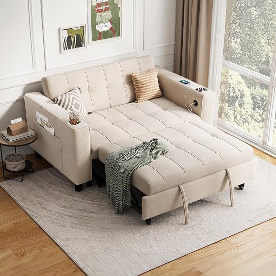 LINSY 3-in-1 Convertible Sofa Bed, 54" Pull Out Sleeper Sofa with Charging Station & Cup Holder, Small Folding Loveseat with Side Pocket for Small Space, Corduroy Couch, Beige