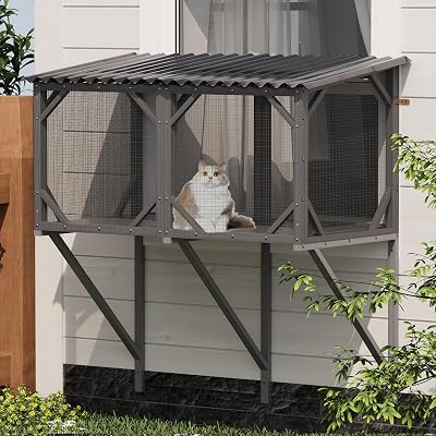 44.5 Cat Window Box,Cat Catio with Removeable Mosquito-Proof Net,Window Perch for Indoor Cats, Napping & Overlooking,Waterproof Design for Enjoying Outdoor Sights WAll Weather, Antique Gray