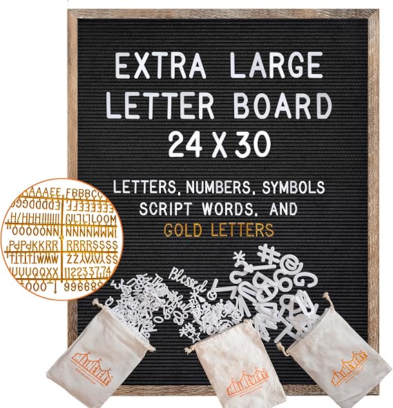 Black Felt Letter Board Barnwood Frame 24x30 Inch with Gold Letters, Big Back To School Felt Board, Large Message Signboard
