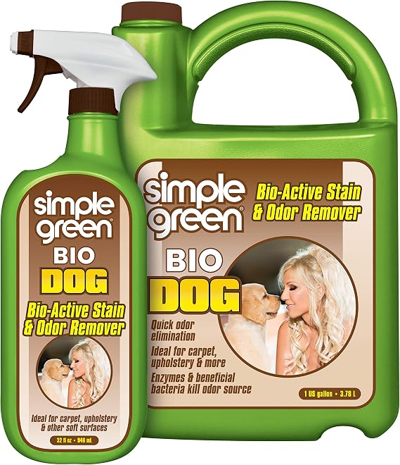 Simple Green Bio Dog Active Stain & Odor Remover - Enzyme Cleaner & Stain Remover for Carpet, Rugs & Fabric eliminates Urine Odor (32 oz Spray & 1 gal Refill)