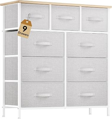 DWVO 9 Drawer Dresser, Light Gray Fabric Storage Tower, Tall Organizer Unit for Room, Living Room, Hallway, Closets - Sturdy Steel Frame, Wooden Top & Easy Pull Bins