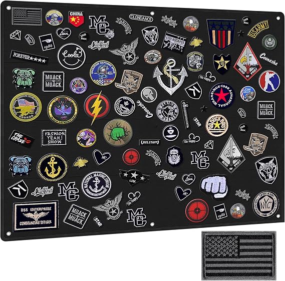 Tactical Board Patch Organizer Holder Display with Loop Surface, Steel Ring and Flag Patch (M: 85 x 70CM/ 33" x 27.5" x 17.7", Black + Flag)