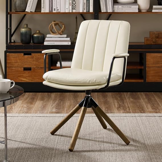 Zouron Mid Century Modern Office Chair Swivel, Ergonomic Desk Chair for Living Room, Computer Chair PU Leather Home Office Chair with Oak Wood Legs, OffWhite, No Wheel