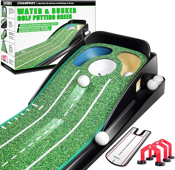 CHAMPKEY Water & Bunker Hazard Golf Putting Green Come with Gates and Mirror - Progressive Slope Tech and Noise Reduction Tech Golf Putting Mat