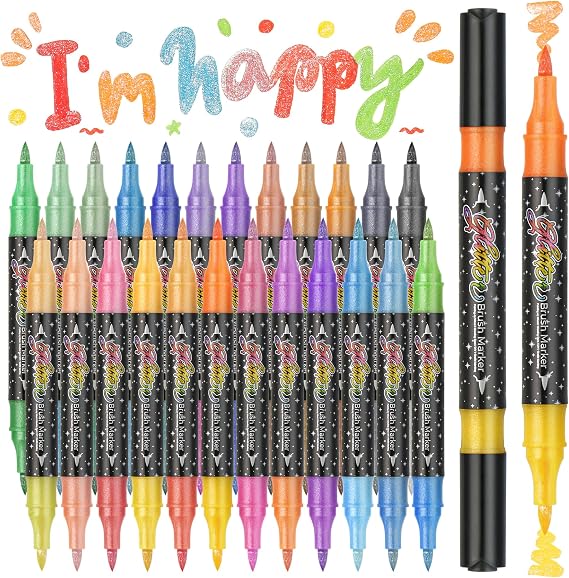 ZSCM 48 Colors Duo Glitter Effect Brush Markers, 24 Pack Water-based Ink Glitter Pens, Metallic Sparkle Markers for Doodle Writing, Glitter Art Crafts Gifts Trendy Stuff Art Supplies Crafts Gifts