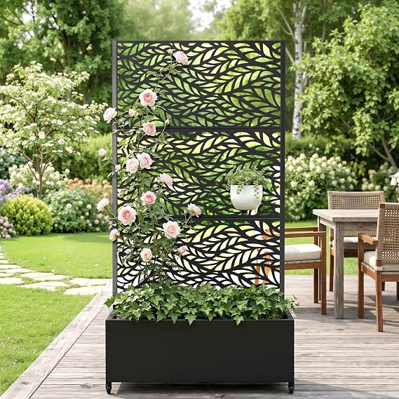 Metal Trellis Planter Box with Wheels, Black Flowing Leaf