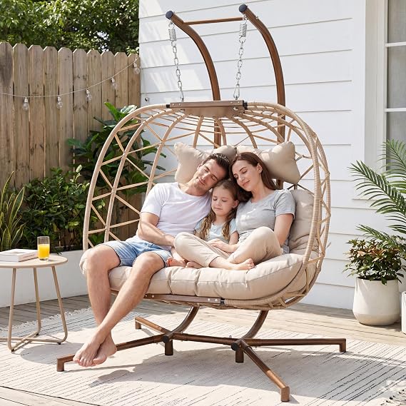 Double Swing Egg Chair with Stand, Extra Large 2 Person Indoor Outdoor Wicker Loveseat, Oversized Patio Hanging Basket Chair with Cushions, Cozy Sturdy Porch Swing for Backyard Balcony, Beige