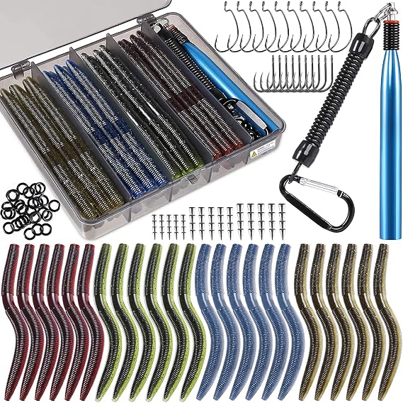 PLUSINNO Wacky Worm Fishing Lure Kit, Soft Plastic Fishing Lures, Grub Baits Hook Wacky Rig Bass Trout Fishing Worms Lures w/Tackle Box