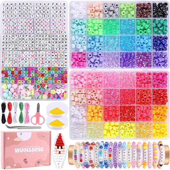 Wuollgess 3000 Pcs 6x9mm Pony Beads, 48 Rainbow Colors Kandi Beads for Bracelet Making Kit, with Heart & Alphabet Letter Beads for Friendship Name Bracelets, Jewelry Making, DIY Crafts for Adults