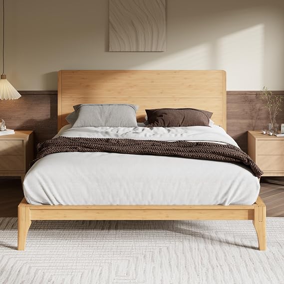Merax Queen Size Bamboo Platform Bed Frame with Tall Headboard, Natural