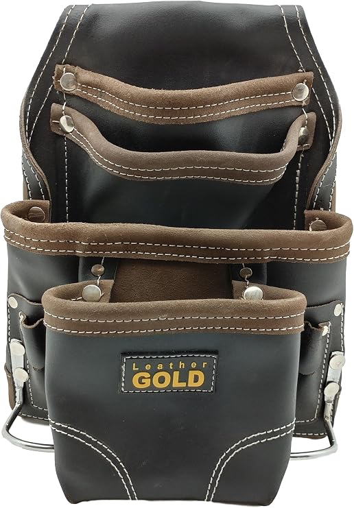 Leather Tool Pouch | Carpenters Tool Pouch 3150, Black, Oil-Tanned, 10 Pockets, 2 Hammer Holders, Reinforced Seams