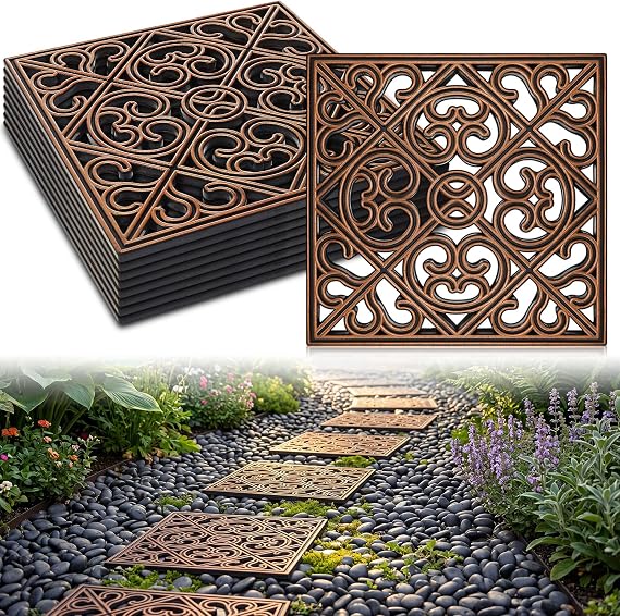 Pangda 8 Pcs Rubber Stepping Stones Outdoor Garden Walkway, 12 x 12 Inch Heavy Duty Pathway Pavers Retro Decorative Stepping Stones for Outside Landscaping Yard Lawn Path (Cross Square,Copper)